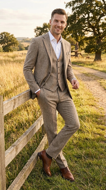 Men’s Light Beige Herringbone Tweed Suit with Vest – Classic Three Piece Formal Suit, Vintage Business Wedding Outfit, Elegant Smart Casual Wear