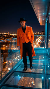 Men’s halloween Costume Orange Long Zoot Suit Set With Black Shirt and Black Pants included