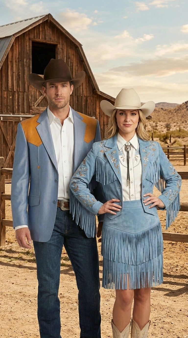 Men’s Sky Blue and Gold Western Cowboy Blazer – Classic Country Style Jacket, Retro in Steel Blue Color