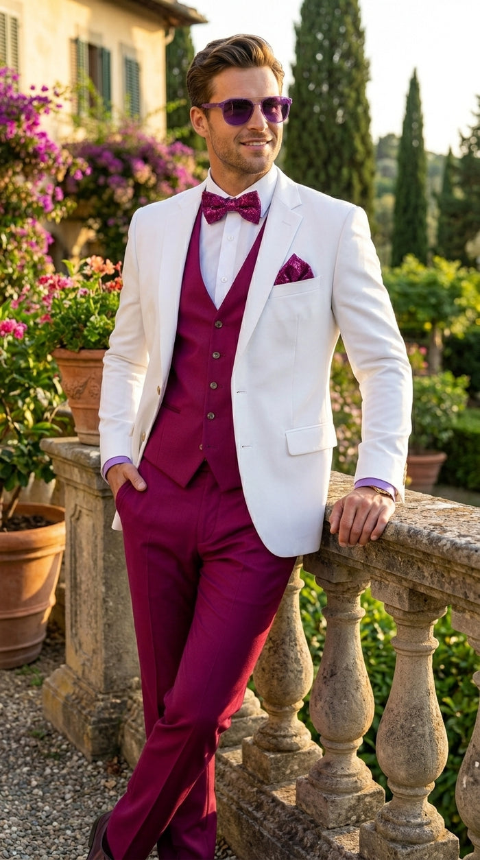 White and Burgundy Tuxedo Wedding Suit for Men – White Dinner Jacket with Burgundy Vest, Pants and Bow Tie
