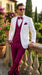 White and Burgundy Tuxedo Wedding Suit for Men – White Dinner Jacket with Burgundy Vest, Pants and Bow Tie