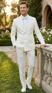 Men’s Ivory Double Breasted Tuxedo Dinner Jacket – Textured Blazer Paisley Texture Pattern in Off White Cream Color + Bowtie
