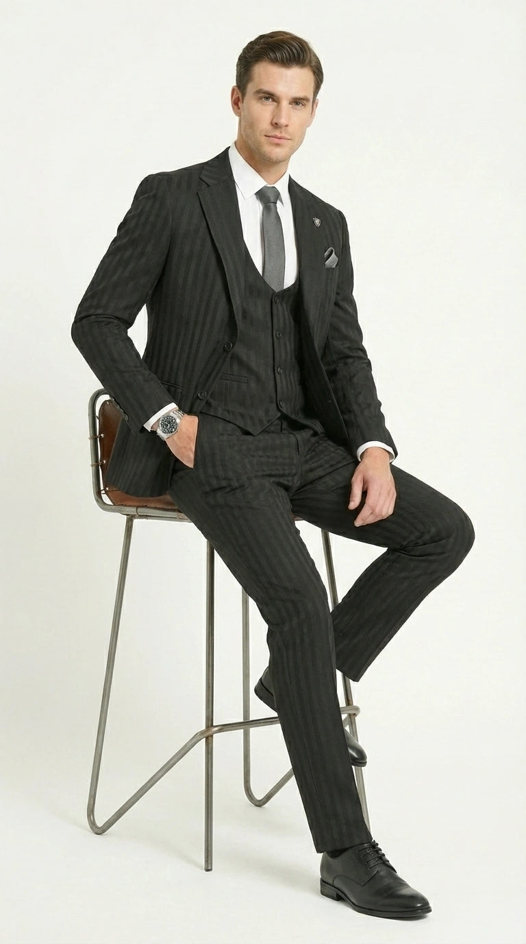 Men’s Black Pinstripe 3 Piece Suit – Vested Formal Business Suit for Wedding, Office, Prom and Party Wear Modern Fit