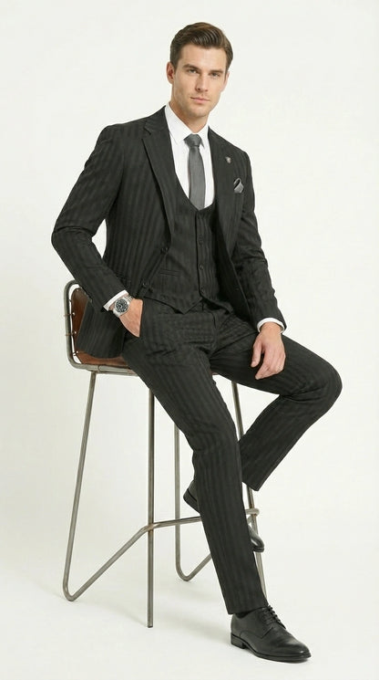 Men’s Black Pinstripe 3 Piece Suit – Vested Formal Business Suit for Wedding, Office, Prom and Party Wear Modern Fit