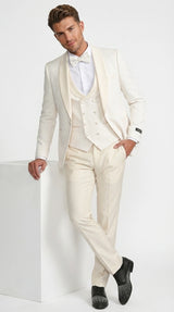 Men’s Ivory Paisley Tuxedo Suit 3 Piece – One Button Vested Satin Formal Suit for Wedding in Off white Cream Color