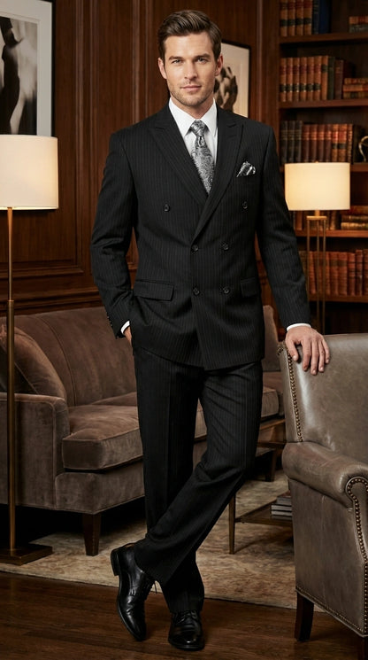 Men’s Black Pinstripe Double Breasted Suit – Peak Lapel Classic Fit Formal Business Conservative settle stripe