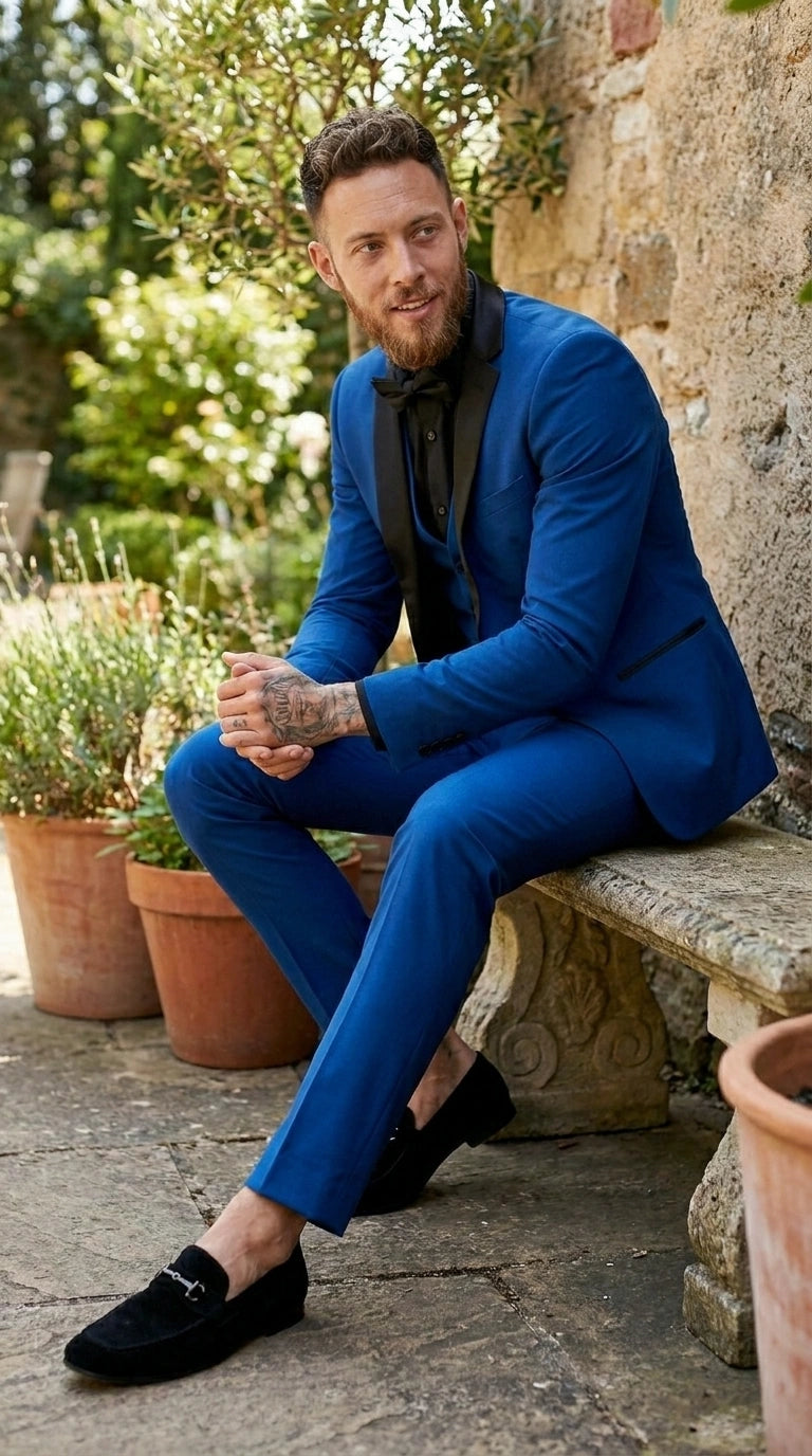 Men’s Royal Blue 3 Piece Suit with Black Lapel – Modern Formal Suit for Wedding, Prom and Party Wear Modern Fit