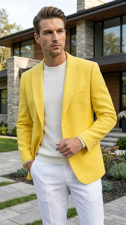 Zacci Brand Men’s Lemon Yellow Blazer Peak Lapel Hopsack Weave – Elegant Formal Blazer Jacket for Wedding, Party, Prom and Smart Casual Wear