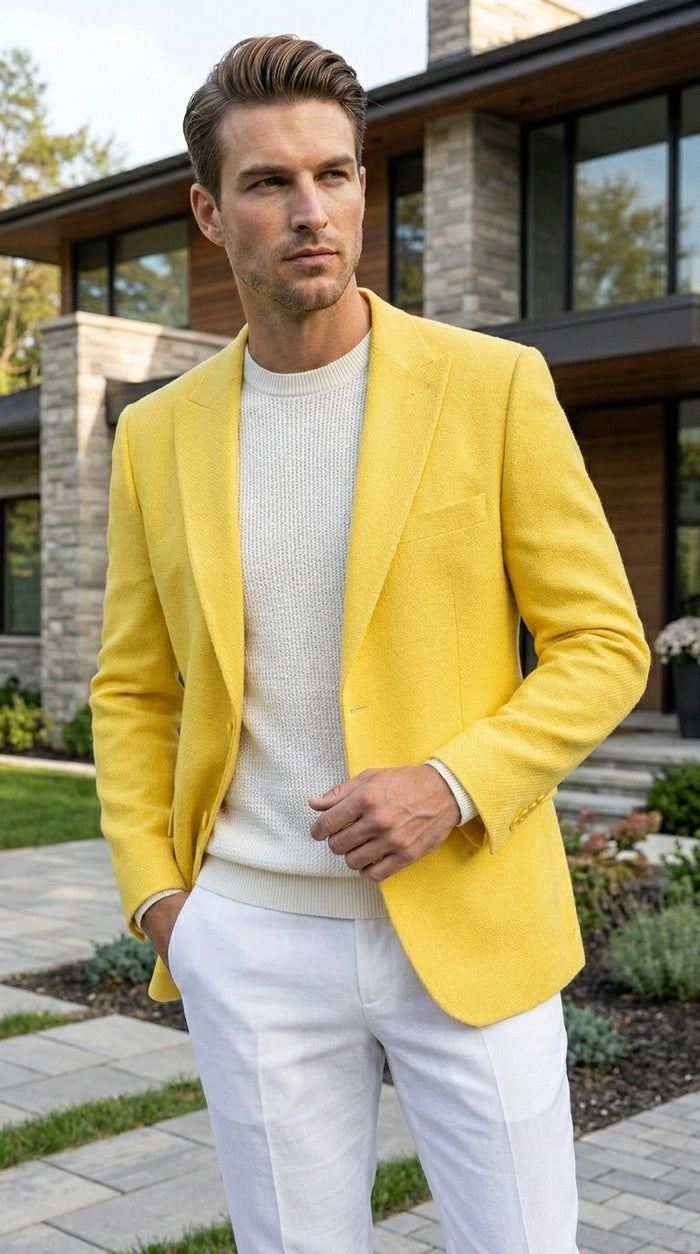 Zacci Brand Men’s Lemon Yellow Blazer Peak Lapel Hopsack Weave – Elegant Formal Blazer Jacket for Wedding, Party, Prom and Smart Casual Wear