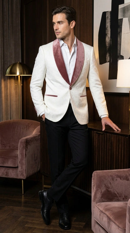 Men’s Ivory and Rose gold Floral Blazer – Elegant Shawl Lapel Formal Blazer Jacket for Wedding, Party, Prom
