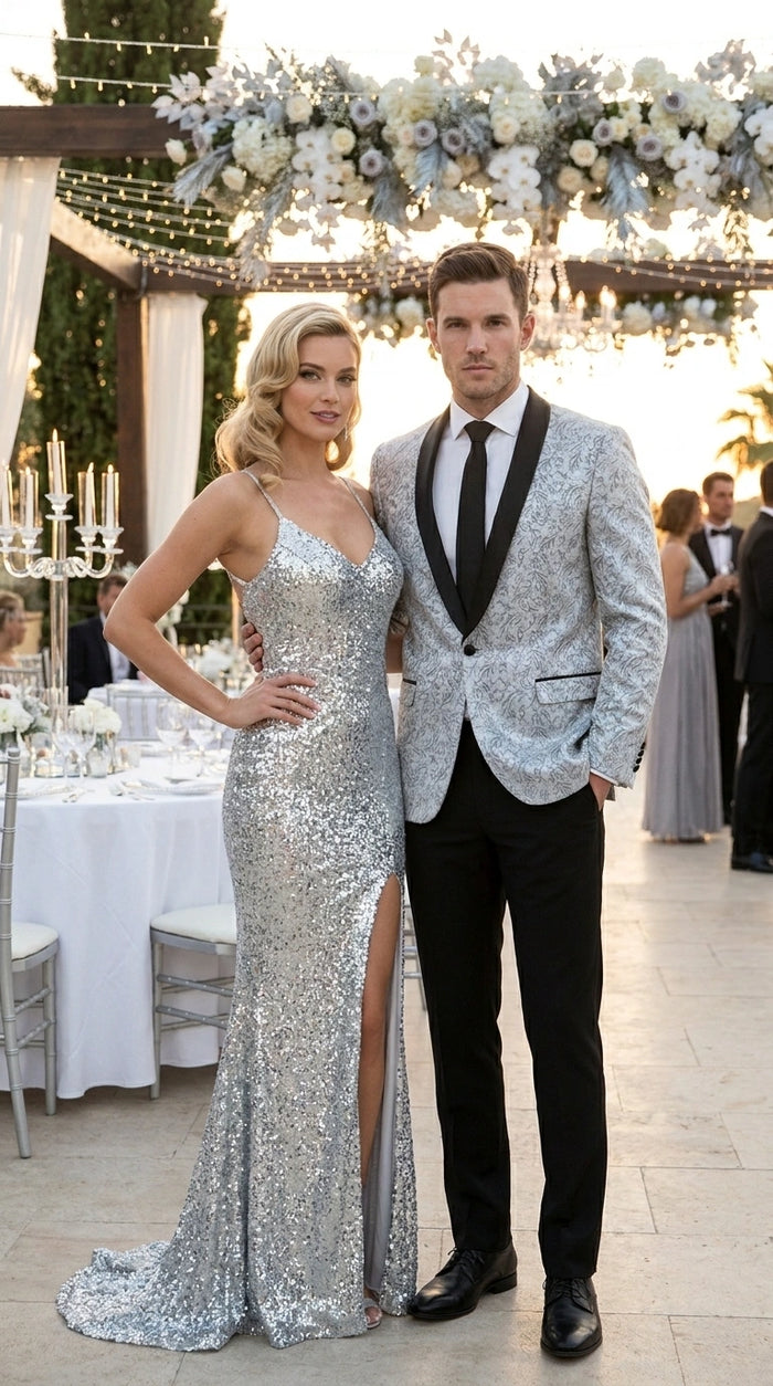 Men’s Silver and Black Floral Blazer – Elegant Formal Tuxedo Style Blazer Jacket for Wedding, Party, Prom and Evening Wear