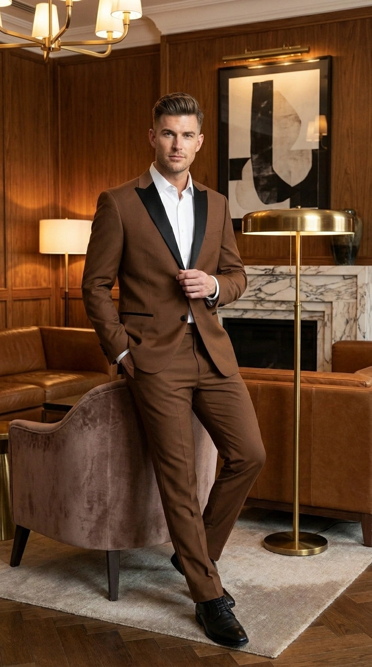 Men’s Light Brown Vested Piece Suit – Elegant Formal Suit with Contrast Lapel for Wedding, Party Modern Fit