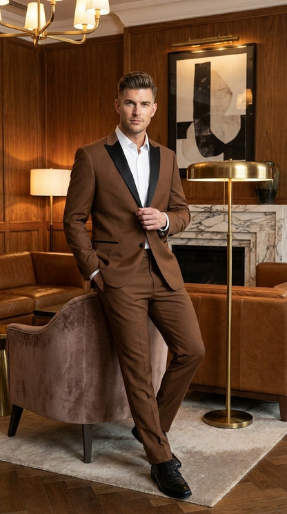 Men’s Light Brown Vested Piece Suit – Elegant Formal Suit with Contrast Lapel for Wedding, Party Modern Fit
