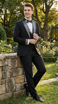Mens Black and White Lapel Tuxedo Suit – Black Formal Tuxedo with White Pattern Lapel for Wedding, Prom and Evening Events