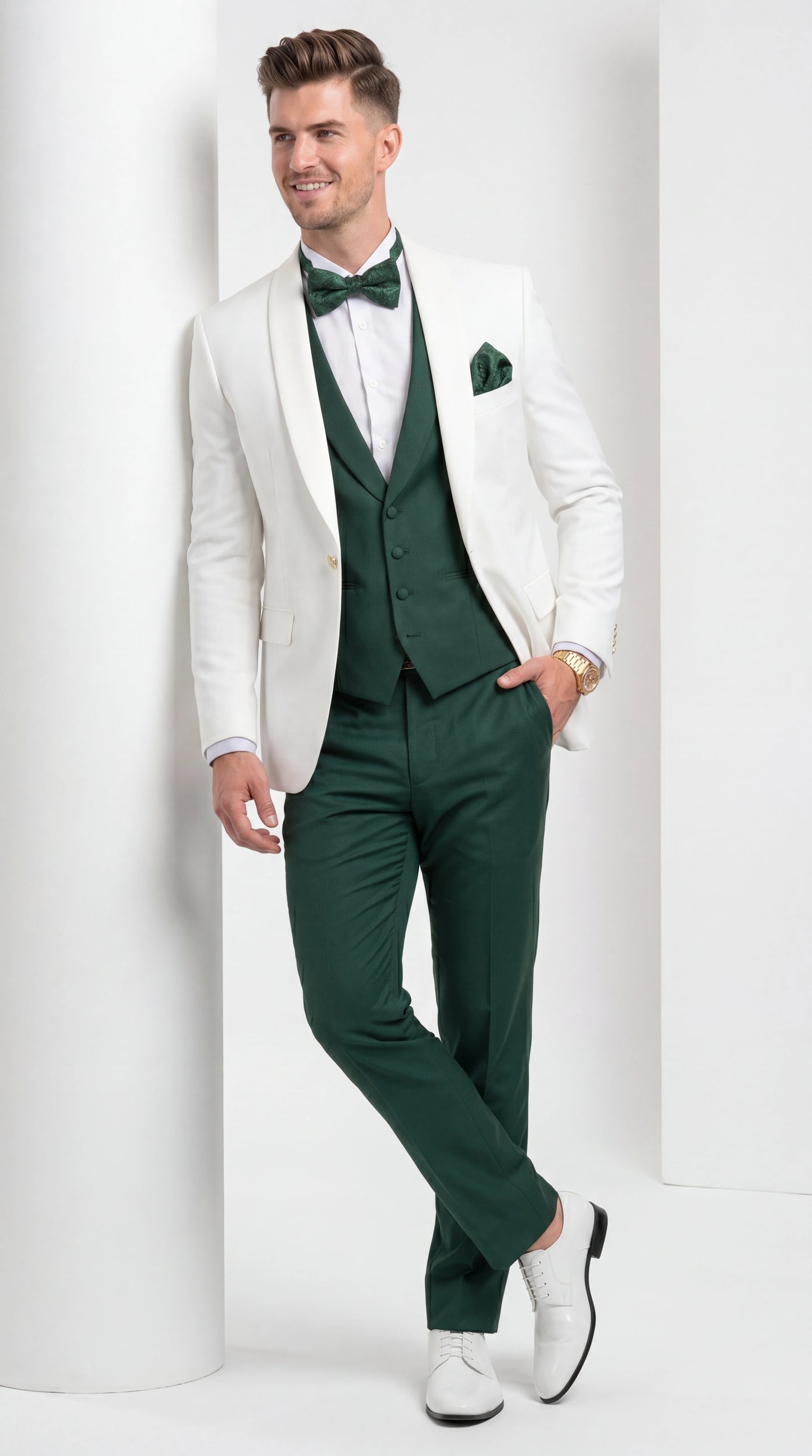 Men’s White and Hunter Green 3 Piece Suit – Elegant Formal Suit with Vest, Wedding Tuxedo Suit for Prom and Party Wear