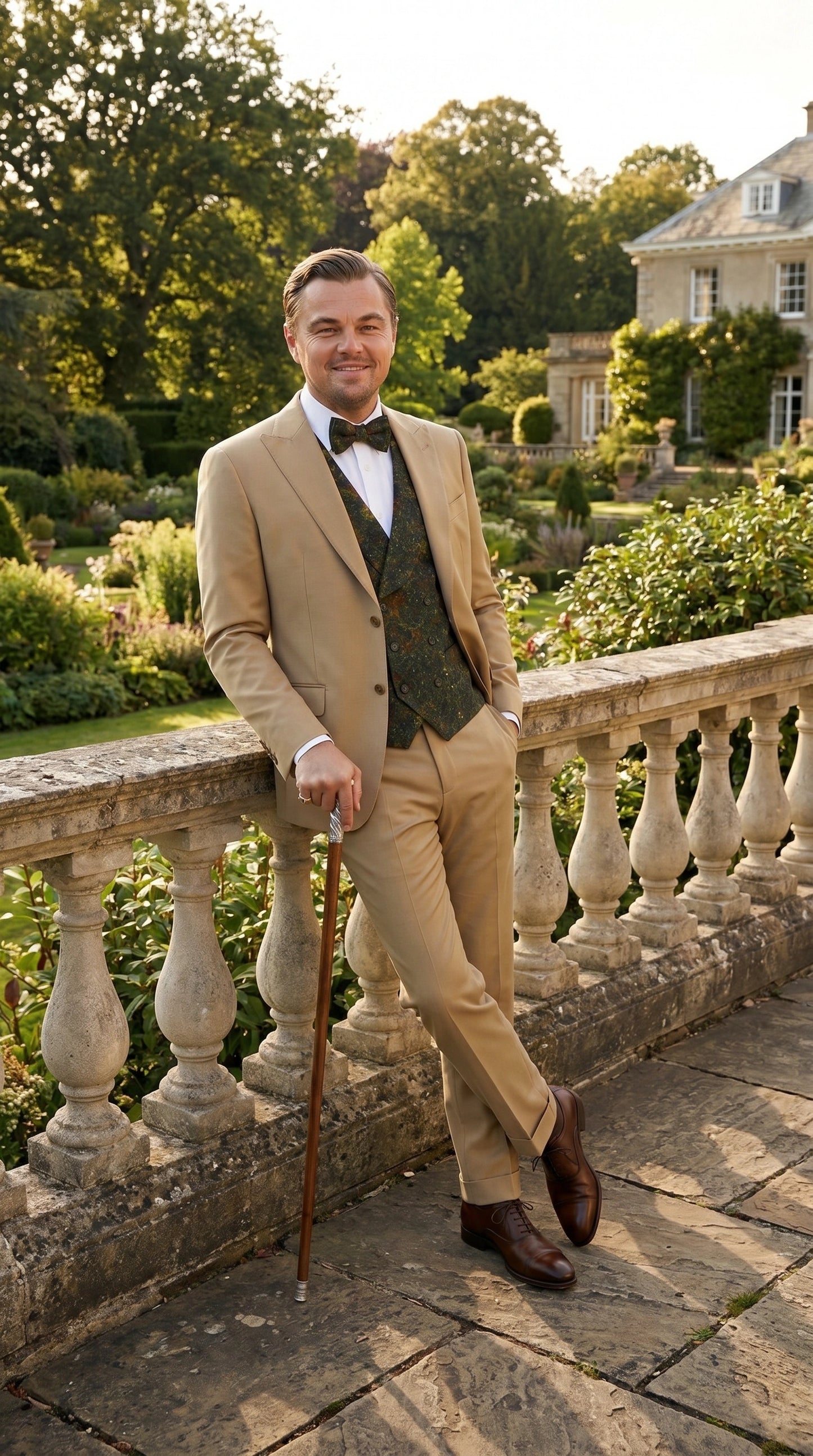 Men’s Khaki 3 Piece Suit with Patterned Vest, Great Gatsby Inspired Formal Suit for Weddings, Mardi Gra in Tan Camel Color Modern Fit