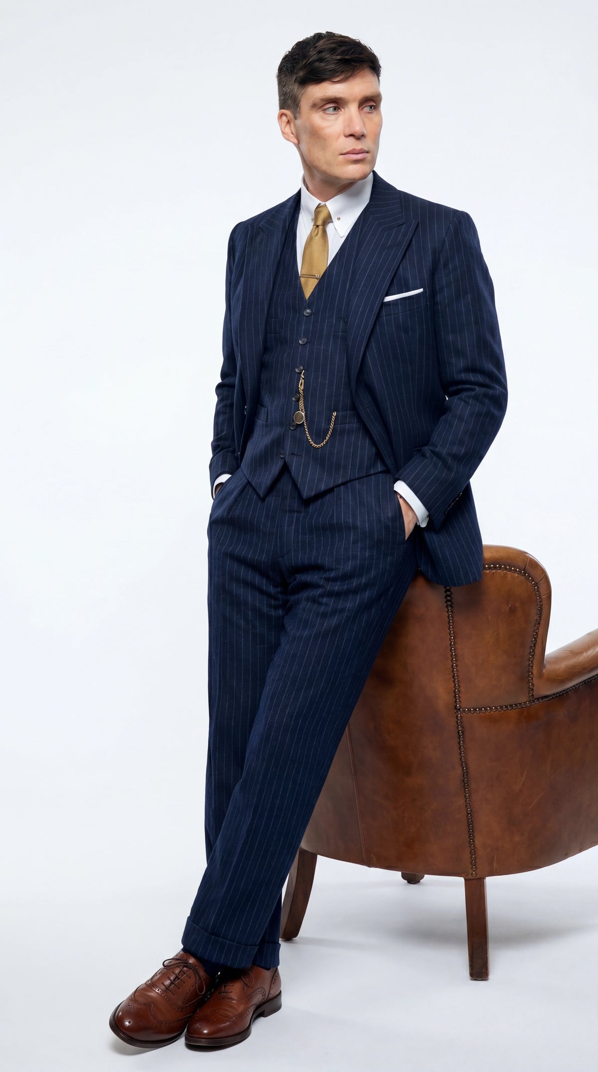 Men’s Navy Blue Pinstripe 3 Piece Suit, Thomas Shelby Inspired Vintage Formal Suit for Weddings, Parties, Prom, and Special Events Modern Fit