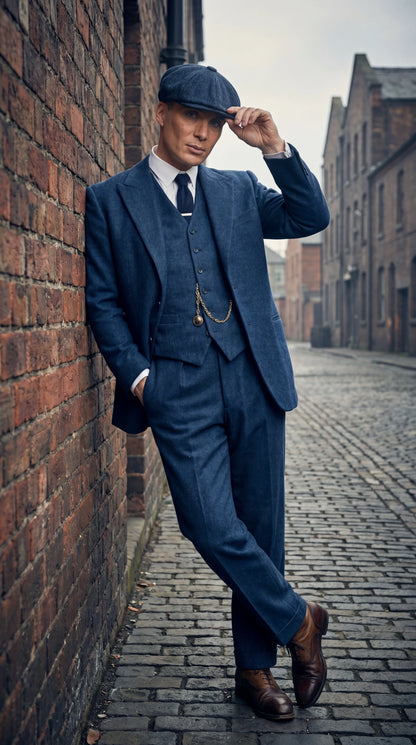 Men’s Blue 3 Piece Suit, Thomas Shelby Inspired Vintage Formal Suit Herringbone Tweed 1920s fabric Modern Fit