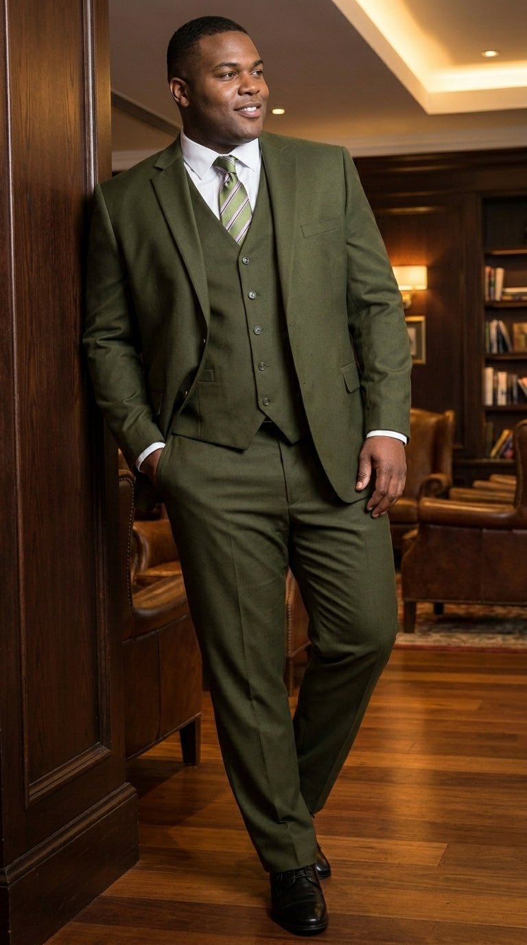 Men’s Olive 3 Piece Suit with Blazer, Vest and Pants, Formal Wedding Business Dress Suit