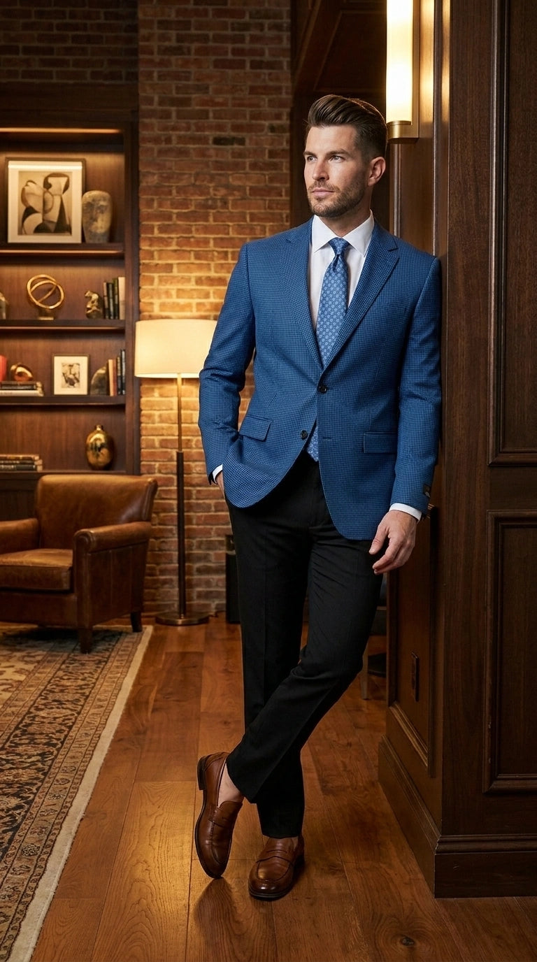 Men’s Blue Houndstooth Blazer Jacket, Check Pattern Formal Sport Coat for Weddings, Prom, Parties, and Special Occasions