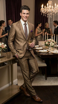 Mens Gold Brown Tan Beige Khaki Bronze Formal Suit – Luxury Metallic Finish Wedding and Prom Suit for Men