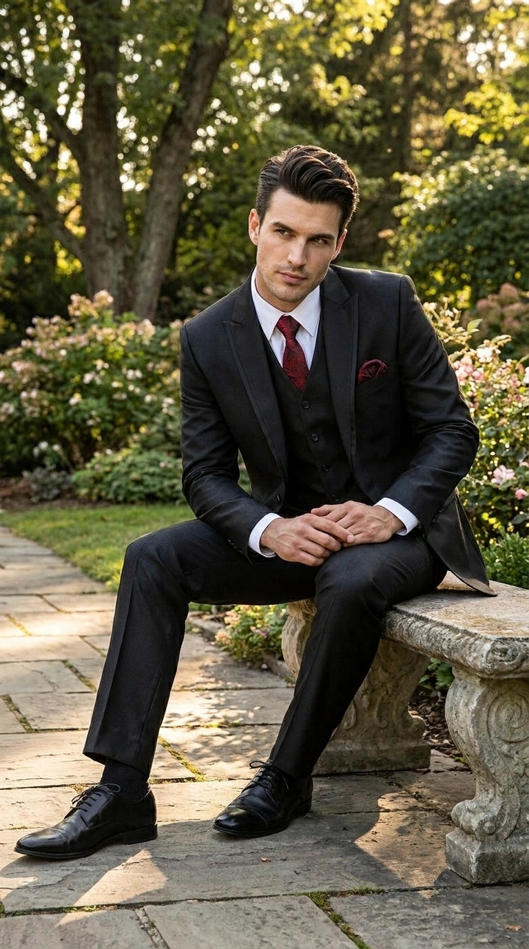 Men’s Black Shiny 3 Piece Tuxedo Groom Suit, Formal Vest Suit for Weddings, Prom, Black Tie Events, Black Lapel