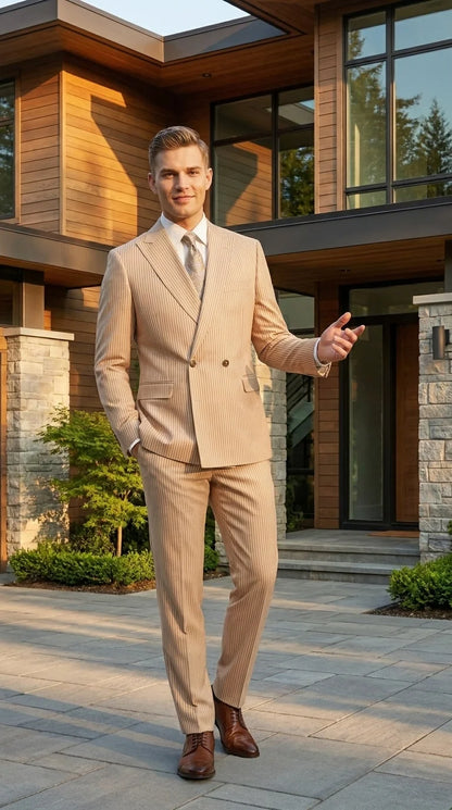 Vitali Men’s Tone on Tone Beige Pinstripe 2 Piece Suit, Double Breasted Summer Dress Suit for Weddings, Tan Beige Shadow Pinstripe Modern Fit