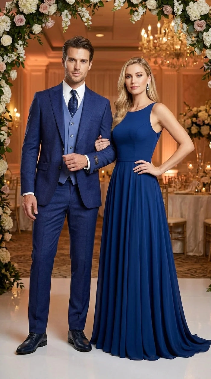 Vitali Men’s Navy Blue 3 Piece Suit with Light Blue Vest, Textured Formal Dress Suit for Weddings, Prom, Business Events, and Parties Modern Fit