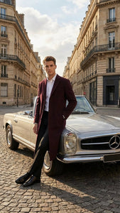 Men’s Burgundy Long Coat – Classic Fit Wool Blend Overcoat - Topcoat Full length