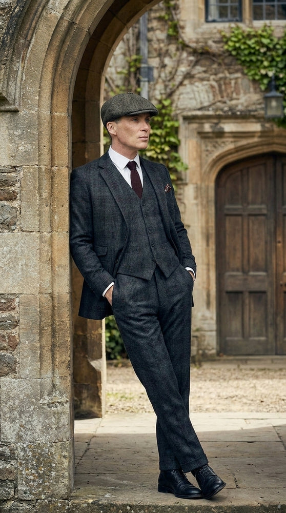 Men's Thomas Shelby Dark Grey Plaid 3-Piece Suit – Peaky Blinders 1920s Vintage Tweed-Style Wedding Suit with Matching Vest & Pants