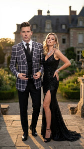 Men’s Big and Tall Charcoal Gray and Black Plaid Blazer – Grey Checker Windowpane Sport Coat