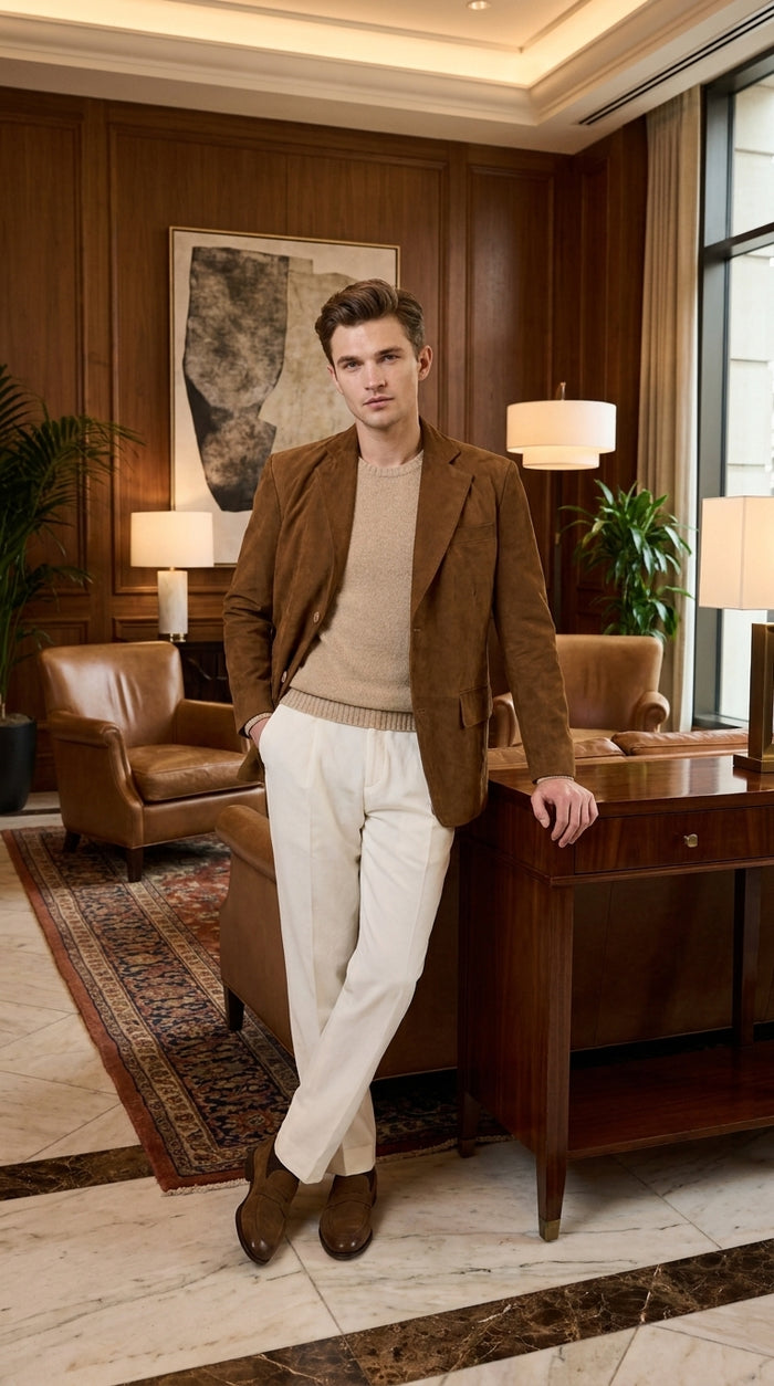 Men’s Camel Brown Suede Leather Blazer – Classic Two Button Suede Sport Coat