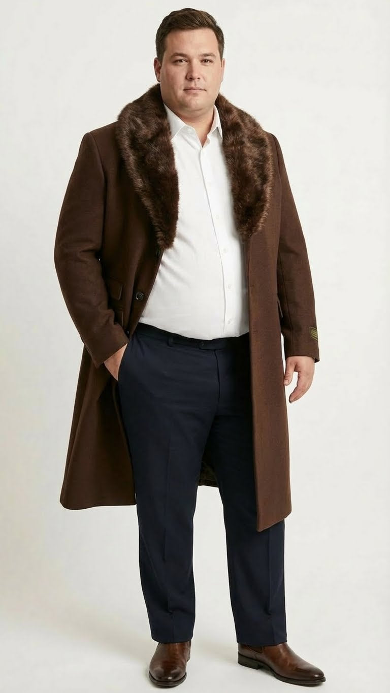 Coat Men's Brown Long Overcoat with Faux Fur Collar – Classic