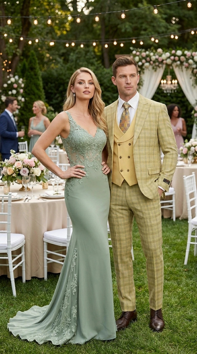 Vitali Men’s Sage Beige Tan Plaid 3 Piece Suit, Check Pattern Formal Dress Suit for Weddings, Prom, Business Events,Light Yellow Color Modern Fit
