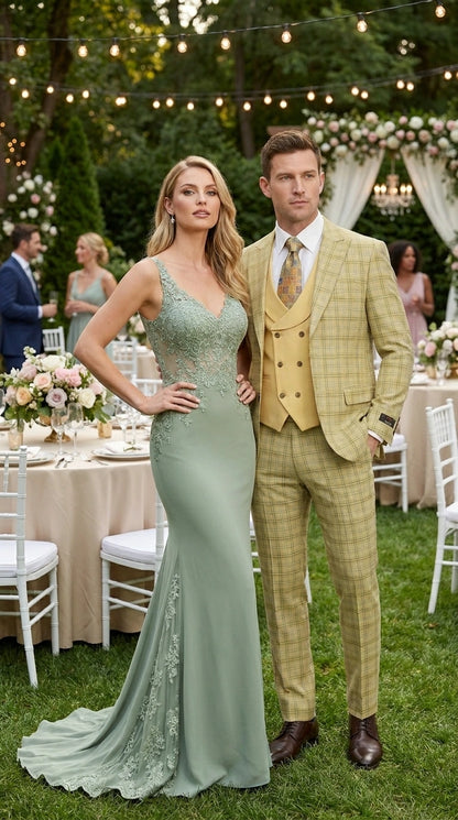 Vitali Men’s Sage Beige Tan Plaid 3 Piece Suit, Check Pattern Formal Dress Suit for Weddings, Prom, Business Events,Light Yellow Color Modern Fit