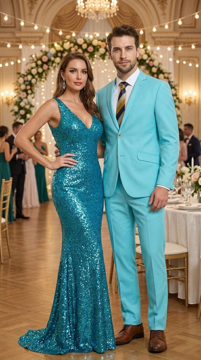 Men’s Aqua Blue 2 Piece 2 Button Suit, Formal Dress Suit for Weddings, Prom, Parties, Summer Events, Turquoise Light blue Modern Fit