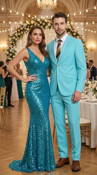 Men’s Aqua Blue 2 Piece 2 Button Suit, Formal Dress Suit for Weddings, Prom, Parties, Summer Events, Turquoise Light blue