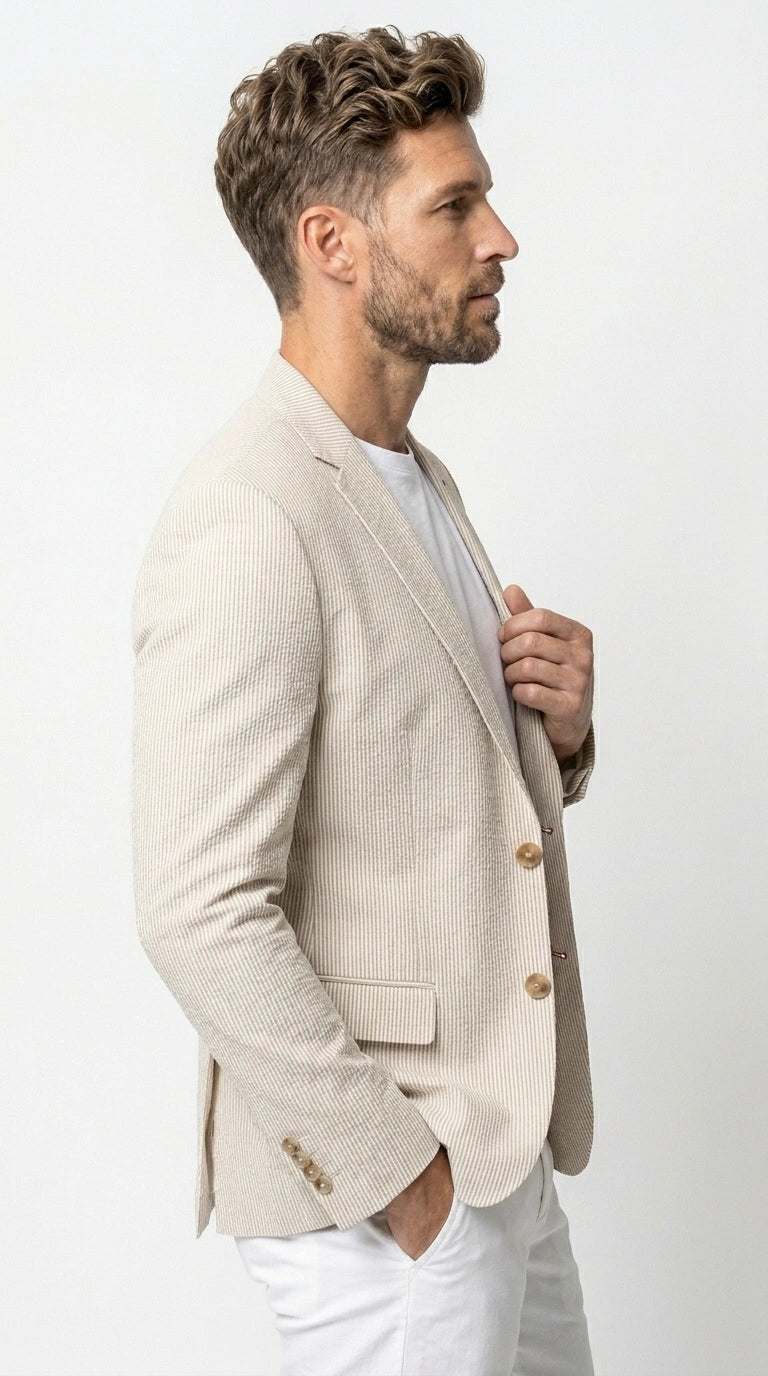Men’s Beige Seersucker Summer Blazer, Lightweight Striped Sport Coat for Weddings, Parties, Beach Events in Tan Color