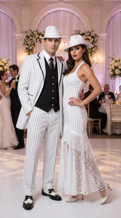 Men’s White Pinstripe 1920s Gangster 3 Piece Suit, Black Contrast Formal Costume Suit for Parties, Prom, Weddings, and Theme Events Modern Fit