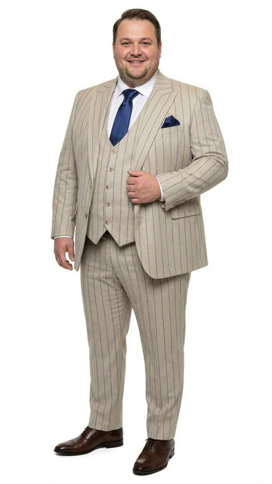 Men's Beige with blue Pinstripe Three-Piece Suit with Vest by Rossiman Vested Peak Lapel in Tan Stripe 1920s style