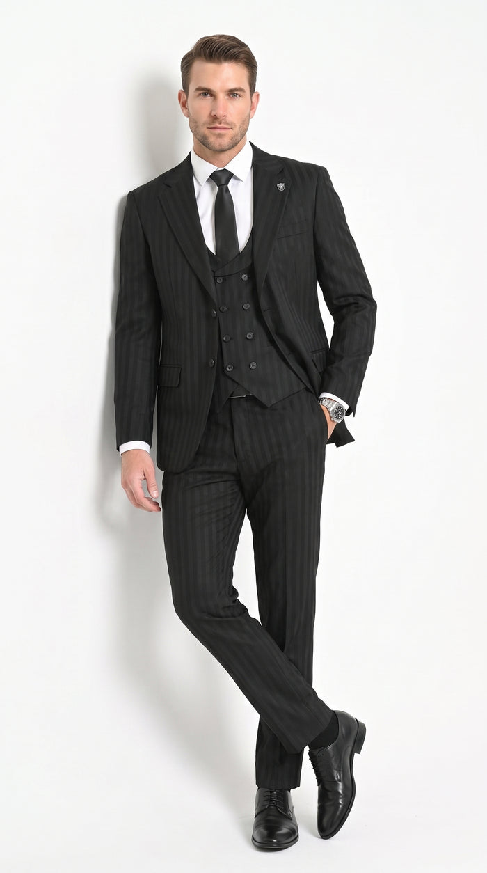 Men’s Black Tonal Shadow Pinstripe Vested Suit – 3 Piece Classic Fit Formal Wedding & Business Suit By Vitali