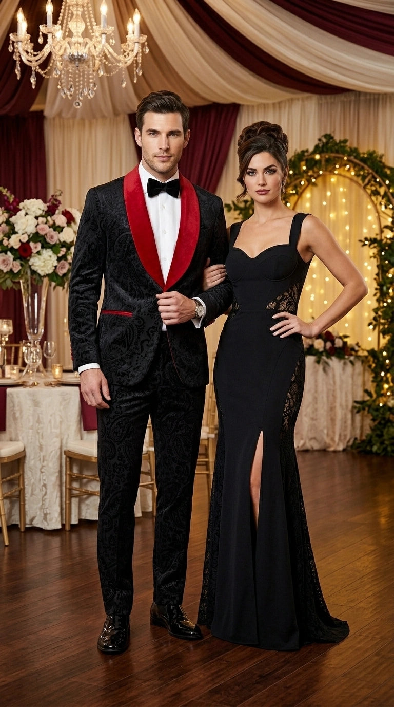 Men’s Black Paisley 2 Piece Suit with Red Shawl Lapel, Formal Wedding Prom Party Suit Set Modern Fit