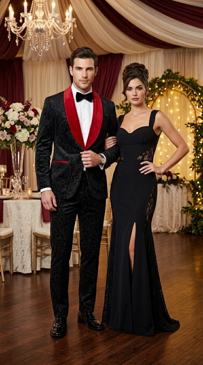 Men’s Black Paisley 2 Piece Suit with Red Shawl Lapel, Formal Wedding Prom Party Suit Set Modern Fit