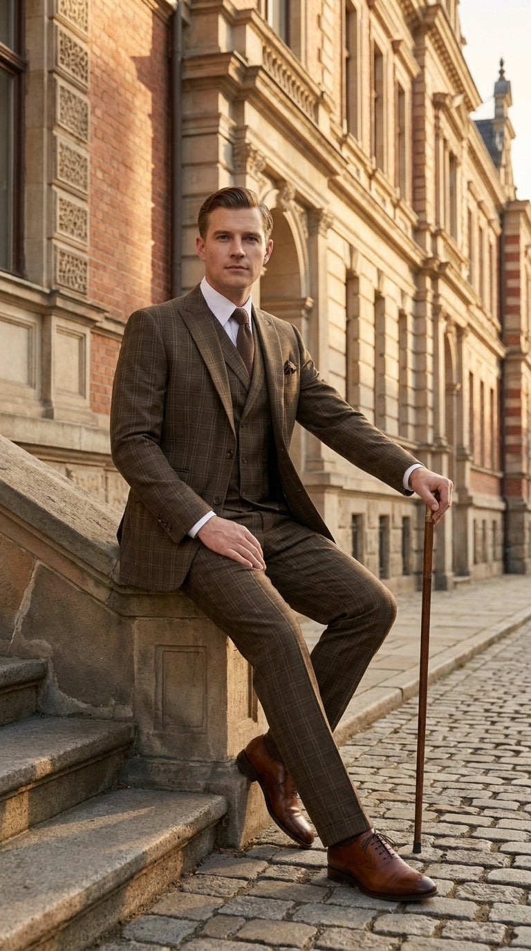 Men’s 1930s Brown Plaid 3 Piece Suit, Vintage Formal Wedding Business Dress Suit Set  Modern Fit