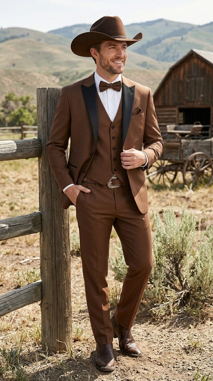 Men’s Light Brown Western Tuxedo 3 Piece Suit with Black Peak Collar Lapel, Country Look Cowboy Suit