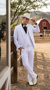 Men’s White Western Cowboy 3 Piece Tuxedo Suit, Formal Wedding Prom Groom Suit Set
