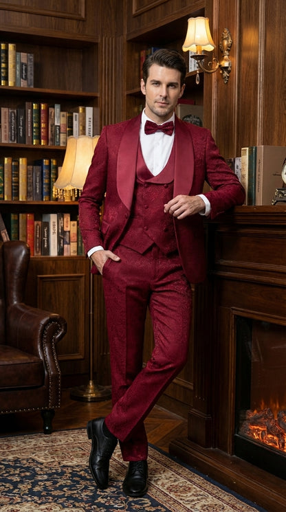 Mens Burgundy Wedding Tuxedo Suit – Paisley Three Piece Formal Suit Set with Shawl Lapel for Groom, Prom