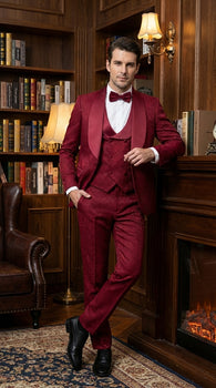Mens Burgundy Wedding Tuxedo Suit – Paisley Three Piece Formal Suit Set with Shawl Lapel for Groom, Prom