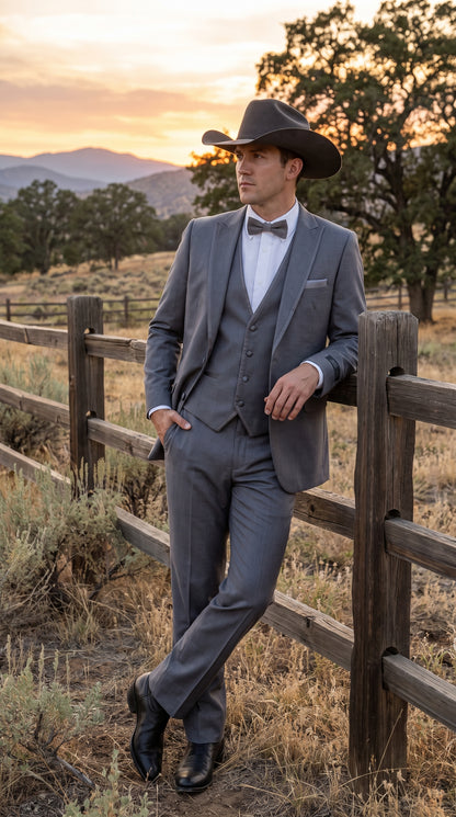 Men's Medium Grey Western 3-Piece Tuxedo Suit with Vest – Cowboy Style Formal Country Outfit