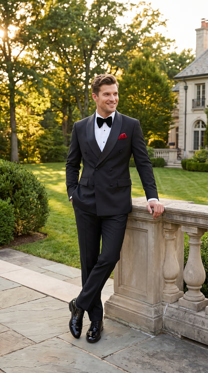 Men’s Black Double Breasted Evening Wear Suit with Satin Shawl Lapel and Red Pocket Square  Modern Fit